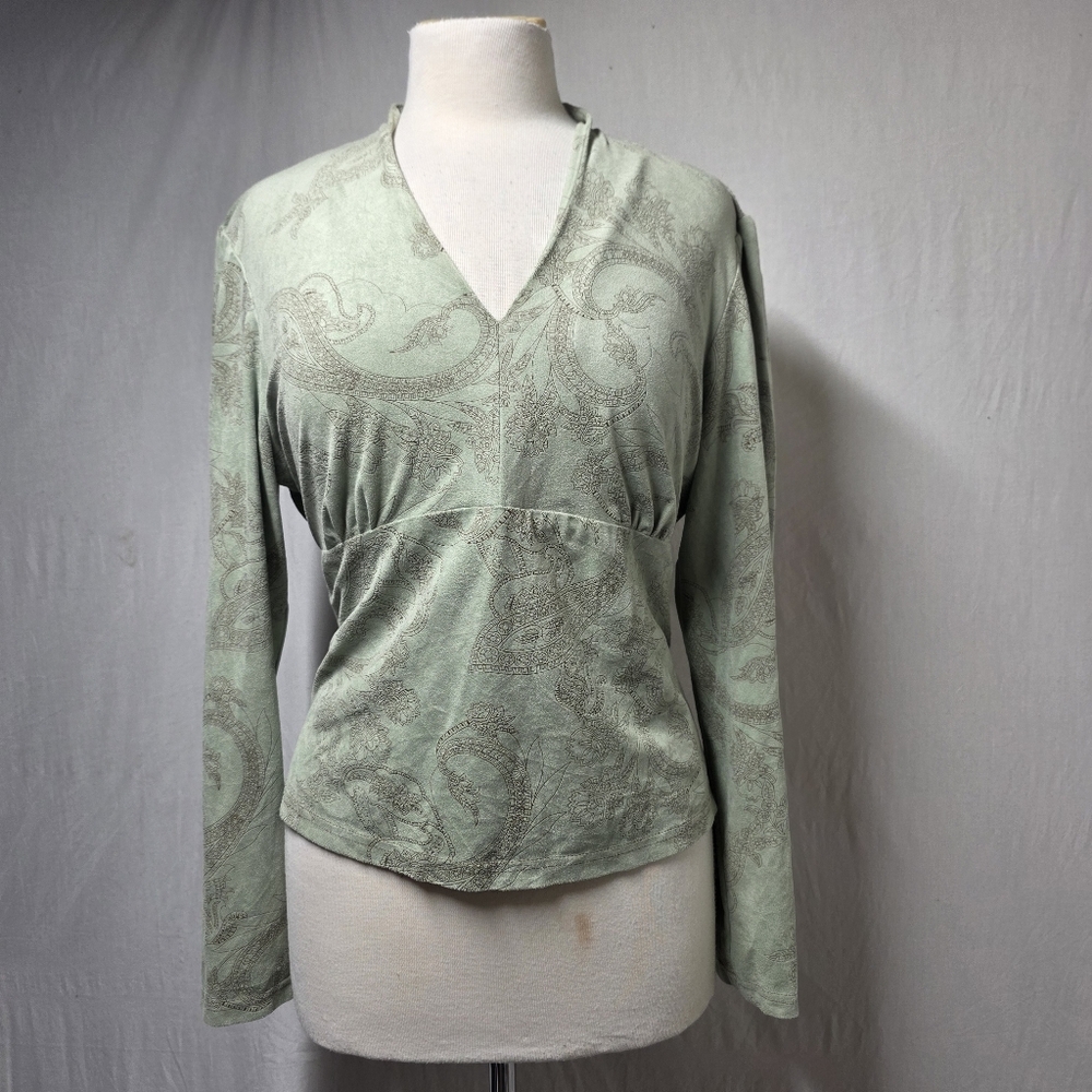 FL MALIK PAISLEY SAGE GREEEN VNECK LONG SLEEVE BLOUSE SIZE XL MADE IN USA